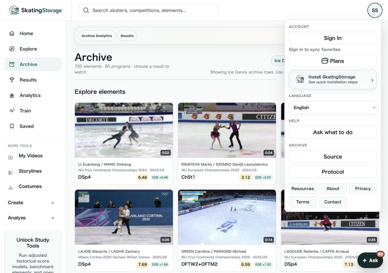 SkatingStorage Archive shown as an installable web app